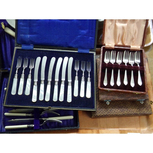 347 - Collection of cased cutlery: silver plated fish knives and forks with bone handles, silver plated de... 