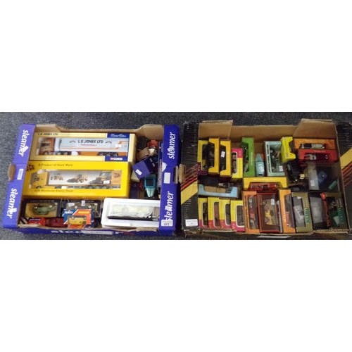 353 - Two boxes of assorted diecast model vehicles in original boxes and playworn, to include: Corgi JCB, ... 