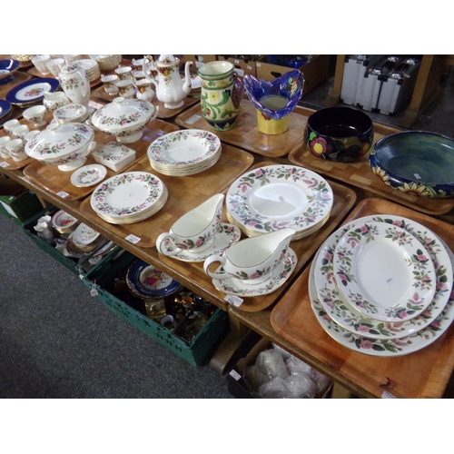 356 - Five trays of Wedgwood 'Hatherway Rose' dinner and coffee ware: six place settings of dinner plates ... 