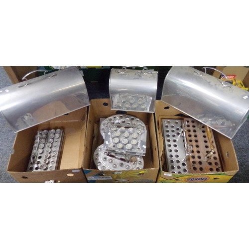 361 - Three boxes of largely aluminium shot glass trays, some with their shot glasses and some also with a... 