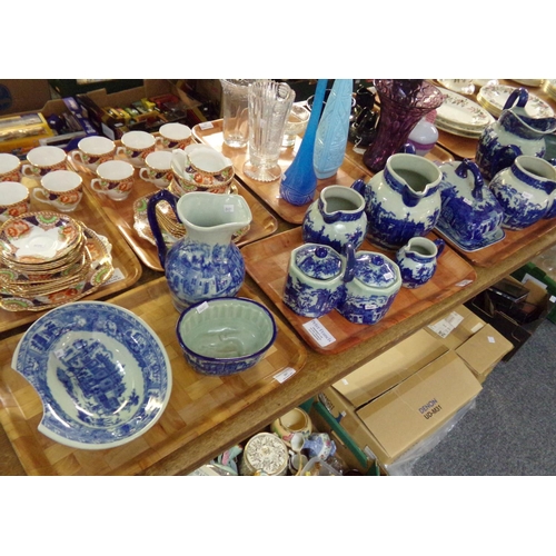 367 - Three trays of blue and white 'Victoria' Ironstone: jugs, large cheese dish and cover, jelly mould, ... 