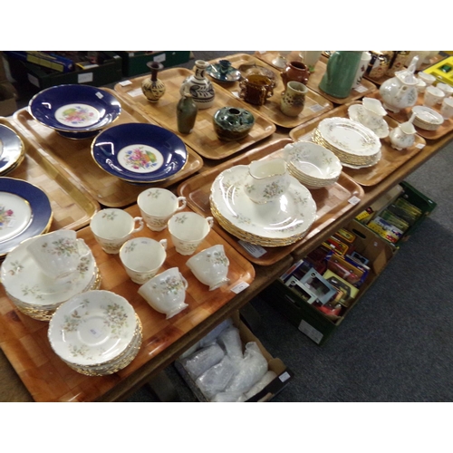 370 - Four trays of Royal Albert fine bone china 'Haworth' tea and dinnerware, wild rose pattern on a whit... 