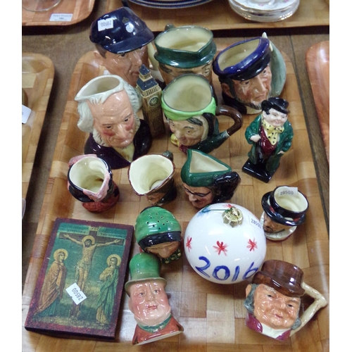 384 - Tray of mainly china to include; Royal Doulton small and miniature character jugs; 'John Doulton' D6... 