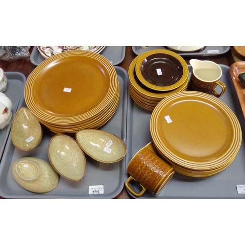 392 - Three trays of Hornsea and other mid Century pottery to include: Hornsea saffron plate and milk jug,... 