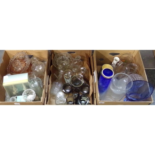 398 - Three boxes of glassware, to include: mugs, cups, saucers, moulded glass decanters with stoppers, 'B... 