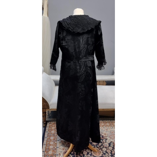 407 - Black silk brocade Edwardian mourning dress with lace and velvet collar and tulle, lace and velvet c... 