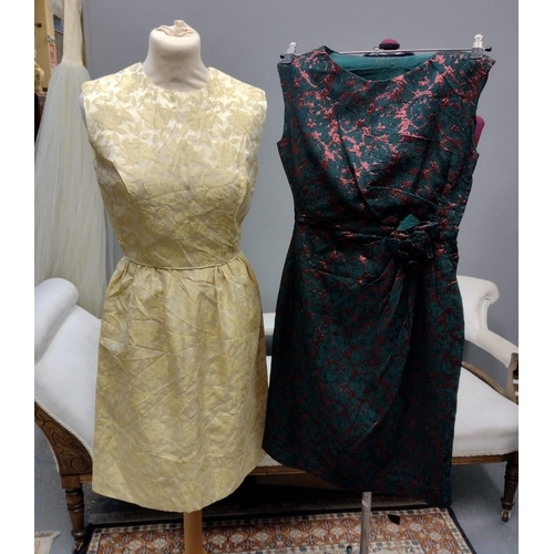 412 - Two vintage 60's brocade sleeveless shift dresses; one dark green with copper abstract pattern and a... 