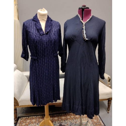 415 - Two dark blue crepe vintage 30's/40's dresses; one with frilled colour and small bells down the neck... 