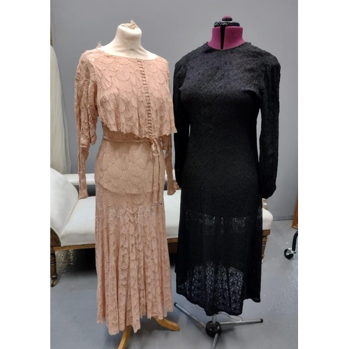 416 - Two vintage 1930's lace dresses; one in pale pink floral pattern lace with a cowl neck, long sleeves... 