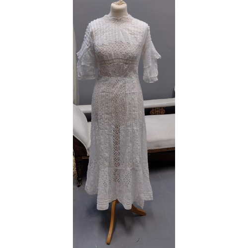 418 - Early 20th Century (probably Edwardian) vintage lady's dress or under dress in cotton with broderie ... 