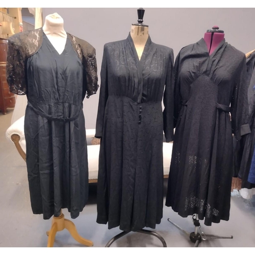 420 - Three vintage 20's-40's black dresses: one in black crepe with lace short sleeves and shoulders and ... 