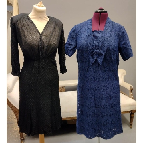 421 - Three vintage lace dresses (20's-40's); one blue and two black; one with beaded detail around the ne... 