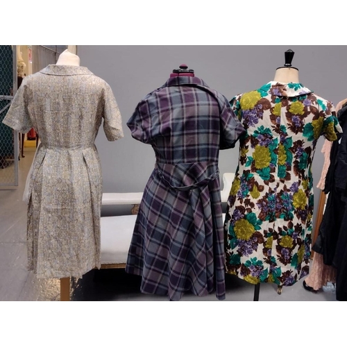 422 - Three vintage (20's-50's) patterned dresses; one a floral patterned crepe with sailor neckline and b... 