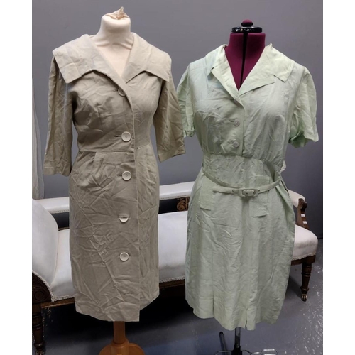 423 - Two 1940's-50's shirt waister style dresses; one in a mint green raw silk and the other linen with l... 