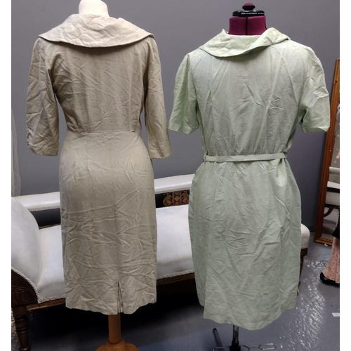 423 - Two 1940's-50's shirt waister style dresses; one in a mint green raw silk and the other linen with l... 