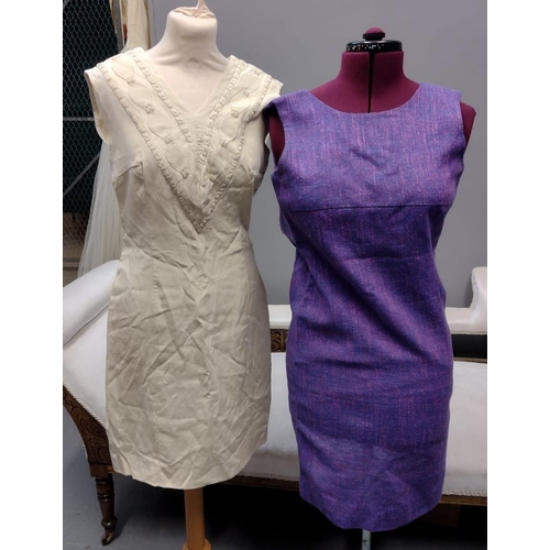 429 - Three 60's sleeveless shift dresses; two linen; one with woollen trim around neck and a silk dress w... 