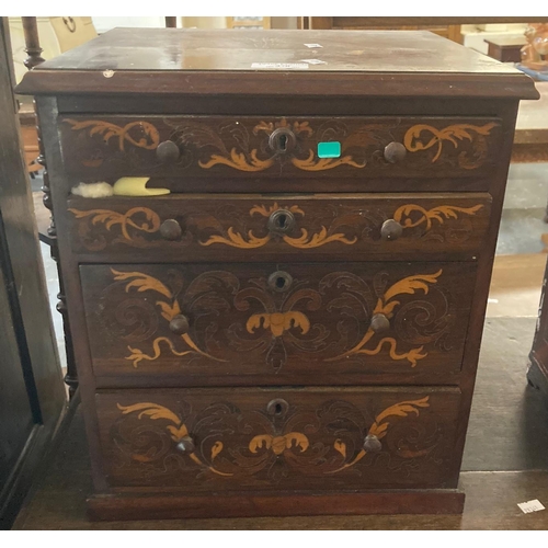 470 - 19th century flamed mahogany and mixed woods foliate inlaid straight front miniature chest of four d... 