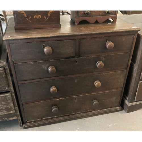 471 - 19th century oak straight front chest of two short and three long drawers, having turned handles on ... 