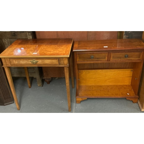 484 - Reproduction yew wood single drawer side table together with another yew wood two drawer side table/... 