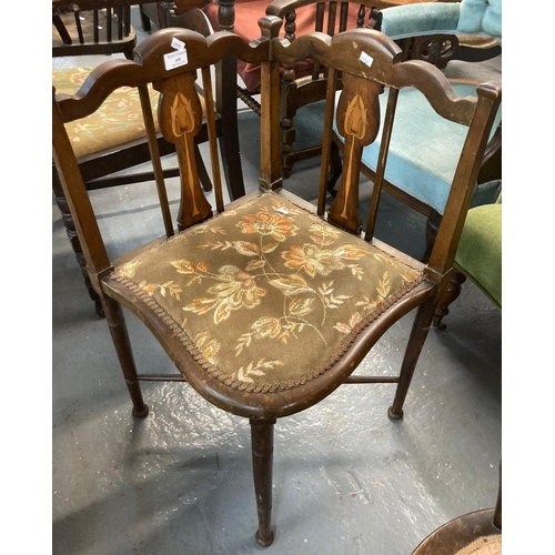 498 - Edwardian mahogany upholstered corner chair on X frame support.  (B.P. 21% + VAT)