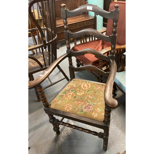 499 - Early 20th century oak high ladder back  open armchair with upholstered seat on turned supports.   (... 