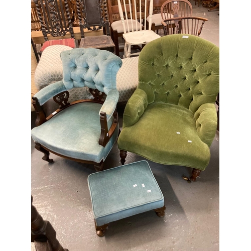 504 - Edwardian mahogany button back upholstered tub bedroom chair together with another button back uphol... 