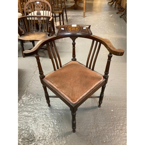 506 - Edwardian mahogany inlaid corner bedroom chair on X frame support.  (B.P. 21% + VAT)