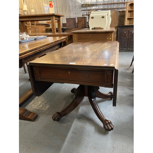 517 - Early 19th century mahogany breakfast table on quatrefoil base with good quality ornately carved paw... 