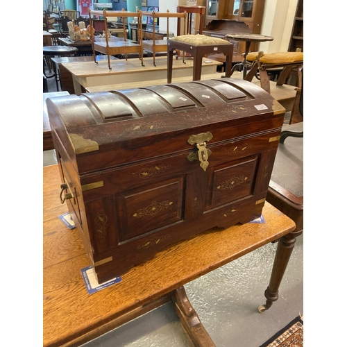 545 - Modern hardwood and brass inlaid treasure chest with brass handles and lock. Probably Asian.  (B.P. ... 