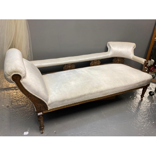 558 - Edwardian mahogany upholstered parlour sofa/chaise-lounge on baluster tapering legs and castors.   (... 