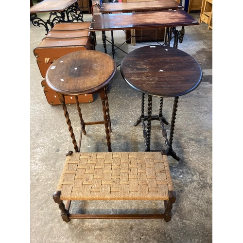 571 - Two similar early 20th century oak oval occasional tables, together with a mid century cord stool.  ... 