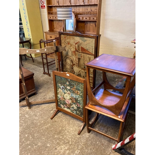 575 - Pair of teak G Plan lamp/side tables of square form together with two fire screens and an oak wall r... 