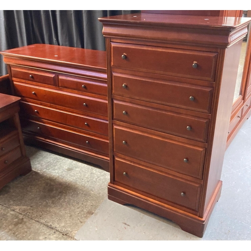 586 - Modern cherry wood bedroom suite comprising: double sleigh bed, pair of bedside cabinets, large ward... 