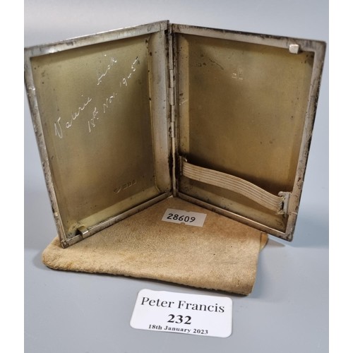 232 - Silver engine turned cigarette case, marked 'Valerie Hick 18th November 1945'.  3.3 troy ozs. approx... 