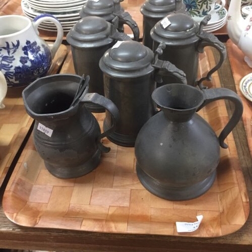 442 - Tray with five pewter lidded beer steins,  another tankard, a pitcher and three teaspoons. (10)
(B.P... 