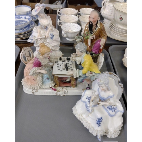 378 - Tray of china to include: two continental porcelain figures of ladys in 18th Century dress and a sim... 