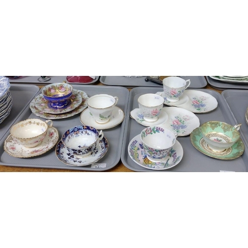 380 - Two trays of teaware, to include: gilt blue and figural decorated trio marked 'Altwein G.K Decor Car... 