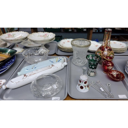 382 - Two trays of glassware to include: cut glass bowls, vase with plated rim, coloured glass vase and as... 