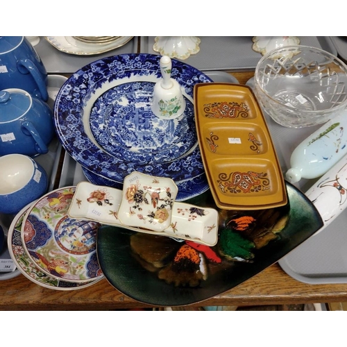 383 - Tray of china to include: modern oriental plates, Palissy three section serving dish, Studio Cellini... 