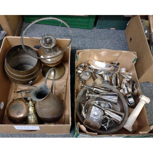 387 - Two boxes of metalware, to include: copper ewer, copper bowl, pewter butterfly decorated faux book, ... 