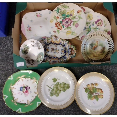 391 - Box of china plates to include: set of three Sevres fruit design plates, hand painted floral plate, ...