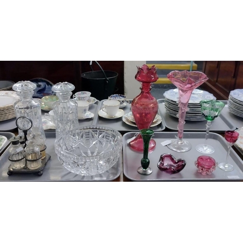 395 - Two trays of glassware to include: two cut glass decanters with star cut basses and mallet shaped st... 