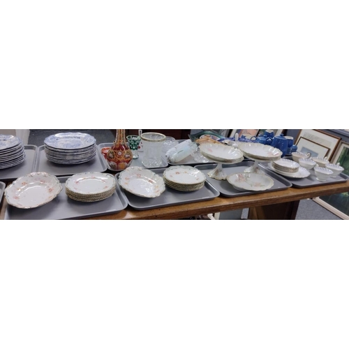 396 - Four trays of china to include: two trays of Staffordshire floral blue and gilt edged dinnerware; pl... 