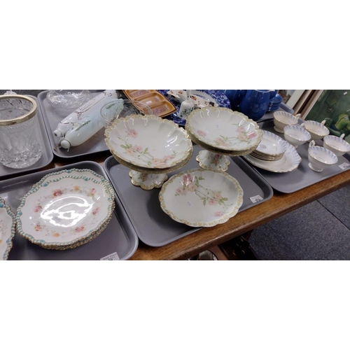 396 - Four trays of china to include: two trays of Staffordshire floral blue and gilt edged dinnerware; pl... 