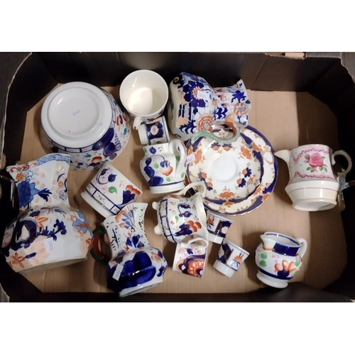 397 - Box of china to include: various Imari and Gaudy Welsh dresser jugs; Allertons, Mason's etc, of vari... 