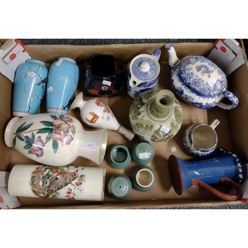 398 - Box of assorted china to include: a pair of blue ground vases with cherry blossoms and bird decorati... 