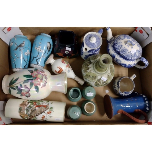 398 - Box of assorted china to include: a pair of blue ground vases with cherry blossoms and bird decorati... 