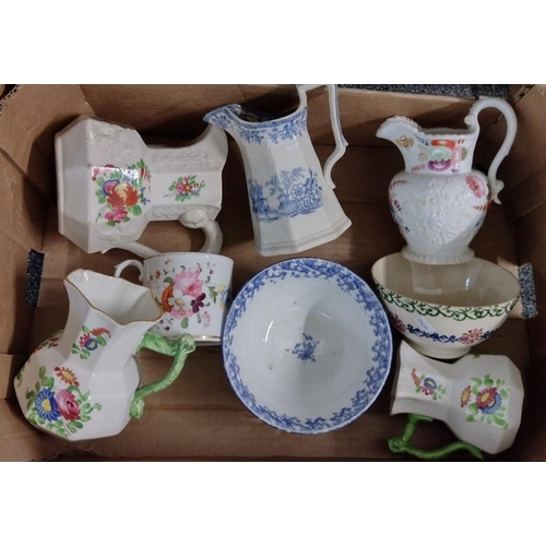 400 - Box of china to include: Dillwyn pottery and other Welsh china items: floral dresser jugs, blue and ... 