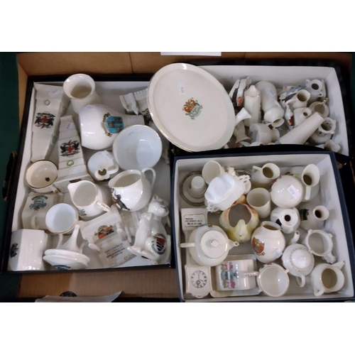 403 - Box containing various crested ware souvenir items to include: Welsh and others; miniature teapot, m... 