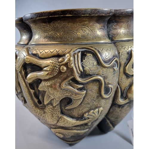 49 - Chinese bronze lidded censer overall decorated with dragons and pearls having ring handles and seal ... 